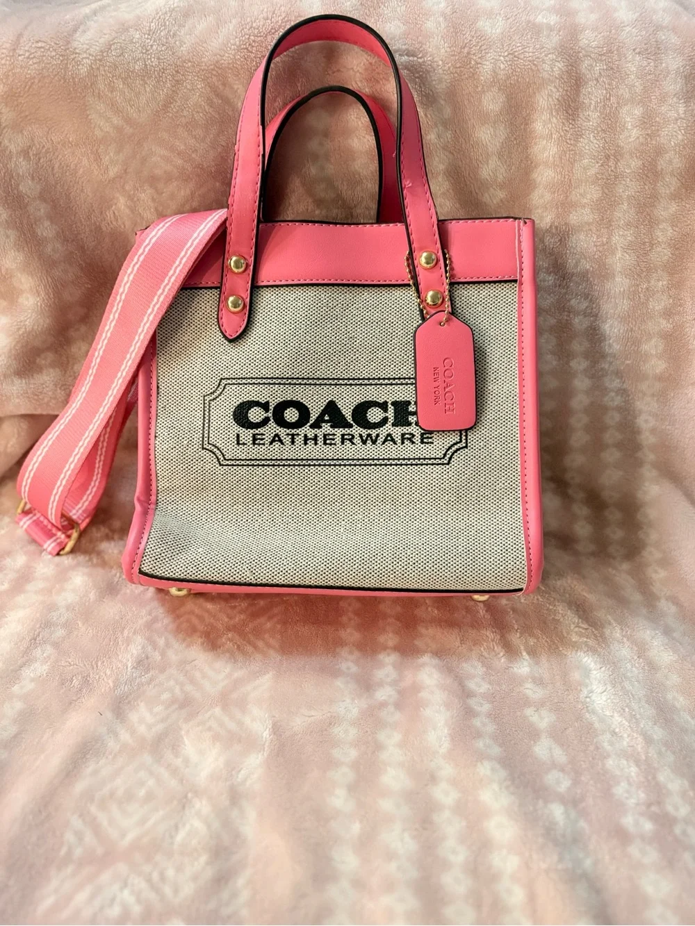 Pink Canvas & Leather Tote with Adjustable Strap